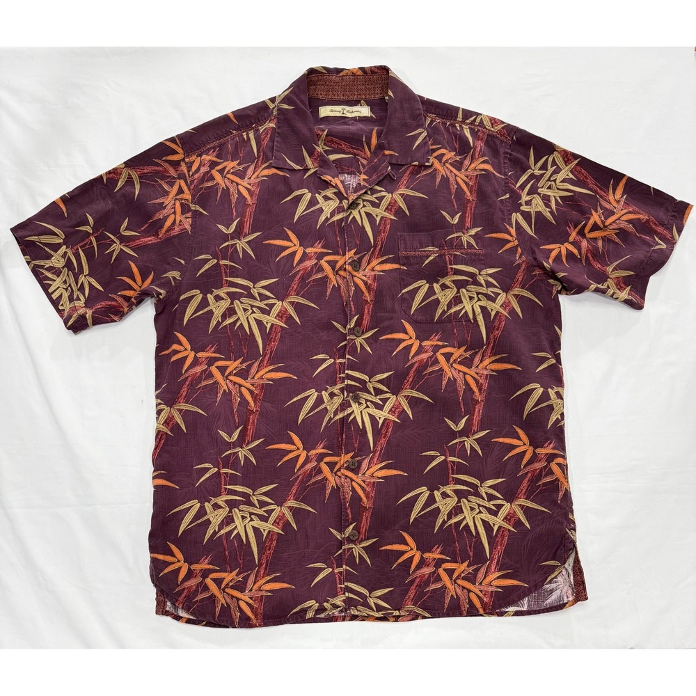 Tommy Bahama Mens Medium Silk Bamboo Print Camp Shirt Plum Purple Short Sleeve